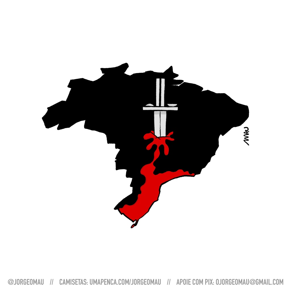 charge - o mapa do brasil, pintado de negro, tem um punhal cravado nele e sangue escorrendo. a guarda e o cabo do punhal tem a forma do congresso nacional.